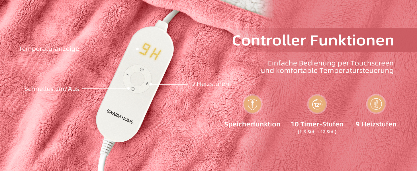 Електрична гріюча ковдра 130x180 см з таймером та захистом від перегріву, 9 режимів нагріву, функція пам'яті, рожева