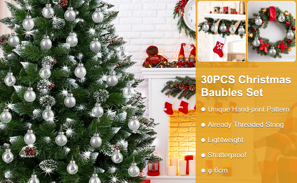 Шарм-кулі для ялинки, пластикові, срібні, 6 см, набір 30 шт. з петелькою