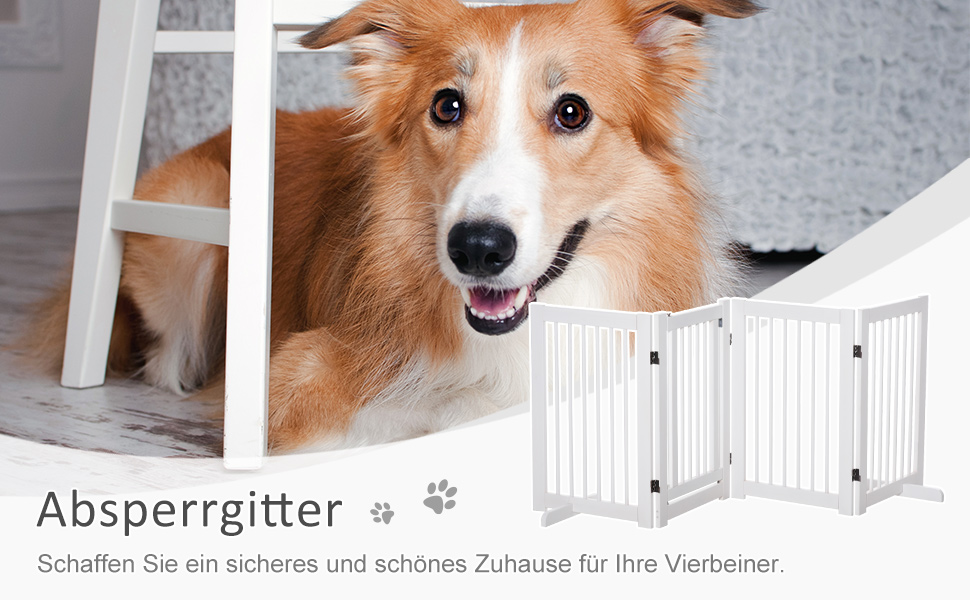 Захисний бар'єр для собак PawHut - самостійний, 204 x 75 см, 4 панелі, білий