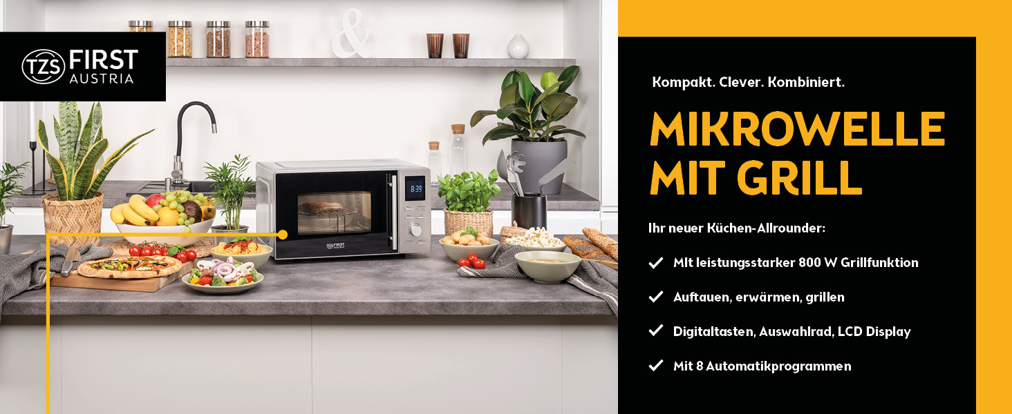 Мікрохвильова піч з грилем TZS First Austria 20L - 2-в-1, 700/800W, 8 програм, LED-дисплей, нержавіюча сталь, дитячий замок