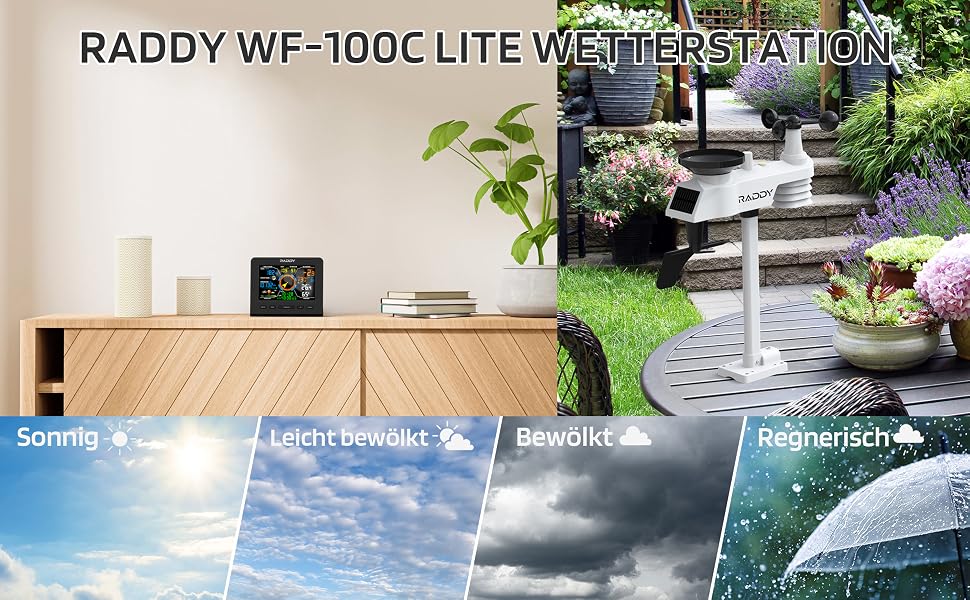 Метеостанція Raddy WF-100C Lite: Професійна бездротова метеостанція 13-в-1 з датчиком, барометром, гігрометром, термометром (внутрішнім/зовнішнім), вимірювачем вітру та дощу, прогнозом погоди для дому та саду