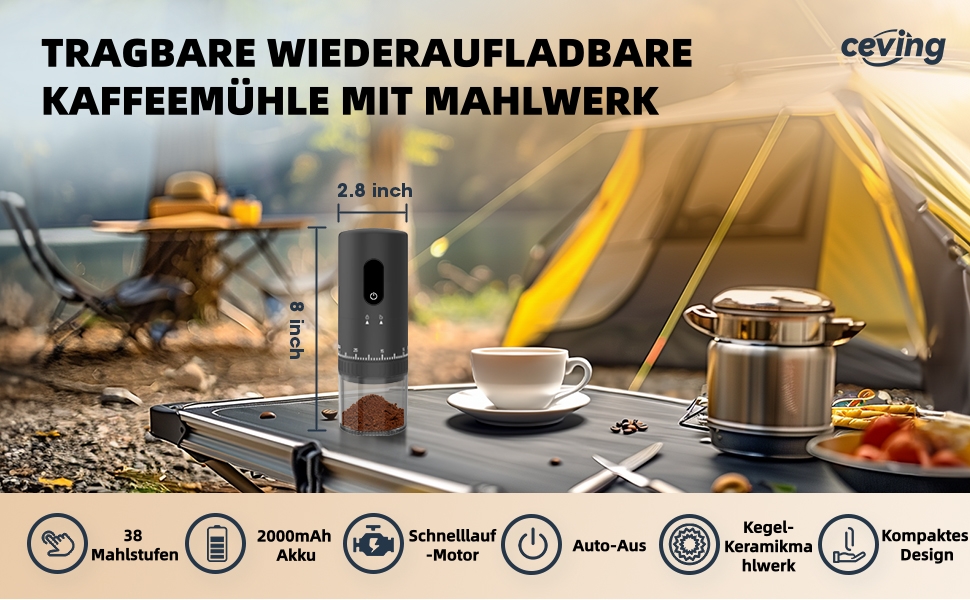 Портативна кавомолка з акумулятором 2000mAh, керамічний жорно, швидка малівка, 38 налаштувань, для подорожей та кемпінгу (сірий, новітня модель)