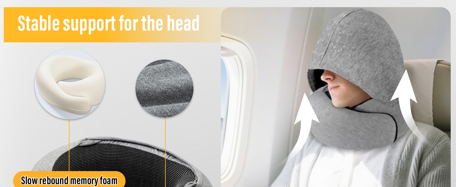 Подушка для шиї в літак/автомобіль/потяг: регульована подушка з Memory Foam, капюшоном, маскою для сну та чохлом. Підтримка голови та шиї для комфортної подорожі.
