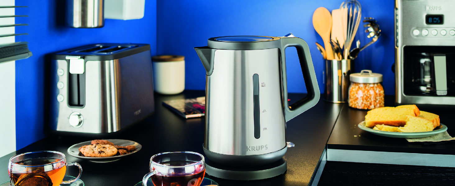 Електричний чайник Krups BW442D Control Line з автоматичним відкриванням кришки, 1.7 л, 2400 Вт, нержавіюча сталь / чорний, для однієї порції