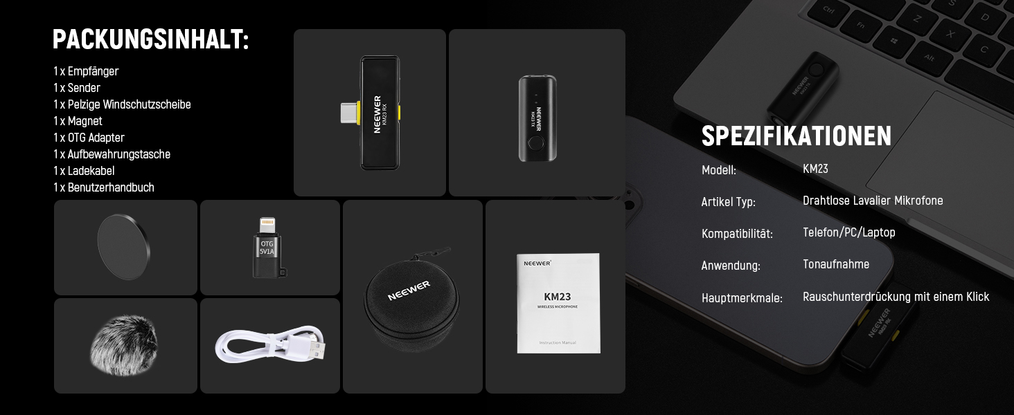 NEEWER Бездротовий петличний мікрофон KM23: 48kHz/24Bit, 8 годин роботи, шумозаглушення, USB-C, сумісний з DJI, Insta360, iPhone, Android, PC
