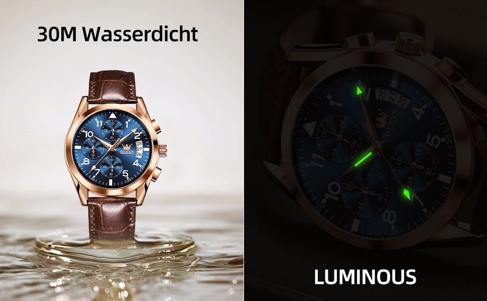 Годинник чоловічий OLEVS Vintage з шкіряним ремінцем, великий циферблат, водонепроникні, аналогові годинники з датою (2878, блакитний циферблат/коричневий ремінець)