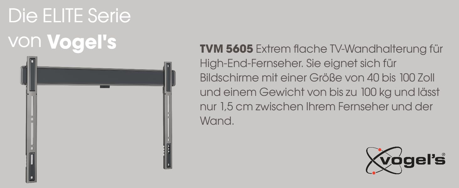 Vogel's Elite TVM 5605 Ultra-Slim TV Wall Mount for 40-100 Inch TVs - 100kg Capacity, VESA 600x400, Universal Compatibility, 1.5cm Profile