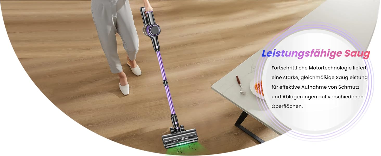 Бездротовий акумуляторний пилосос 45000 Па/500 Вт/45 хв з LED-дисплеєм та щіткою проти намотування, висувний шланг 73 см для твердих поверхонь, килимів, шерсті тварин, фіолетовий