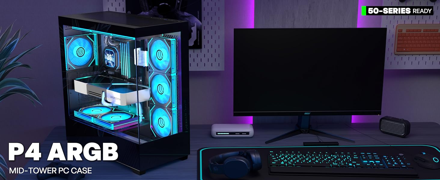 Корпус ПК KEDIERS P4 ARGB: Mid Tower з 7 вентиляторами 120мм PWM ARGB та скляною панеллю