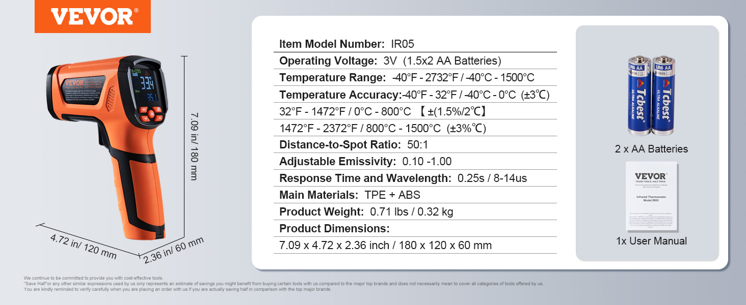 Інфрачервоний термометр VEVOR IR 50:1 Пірометр -40°C - 1500°C з лазером, 180x120x60mm, для вимірювання температури (не для тіла), для приготування їжі/барбекю/морозильник/промисловість
