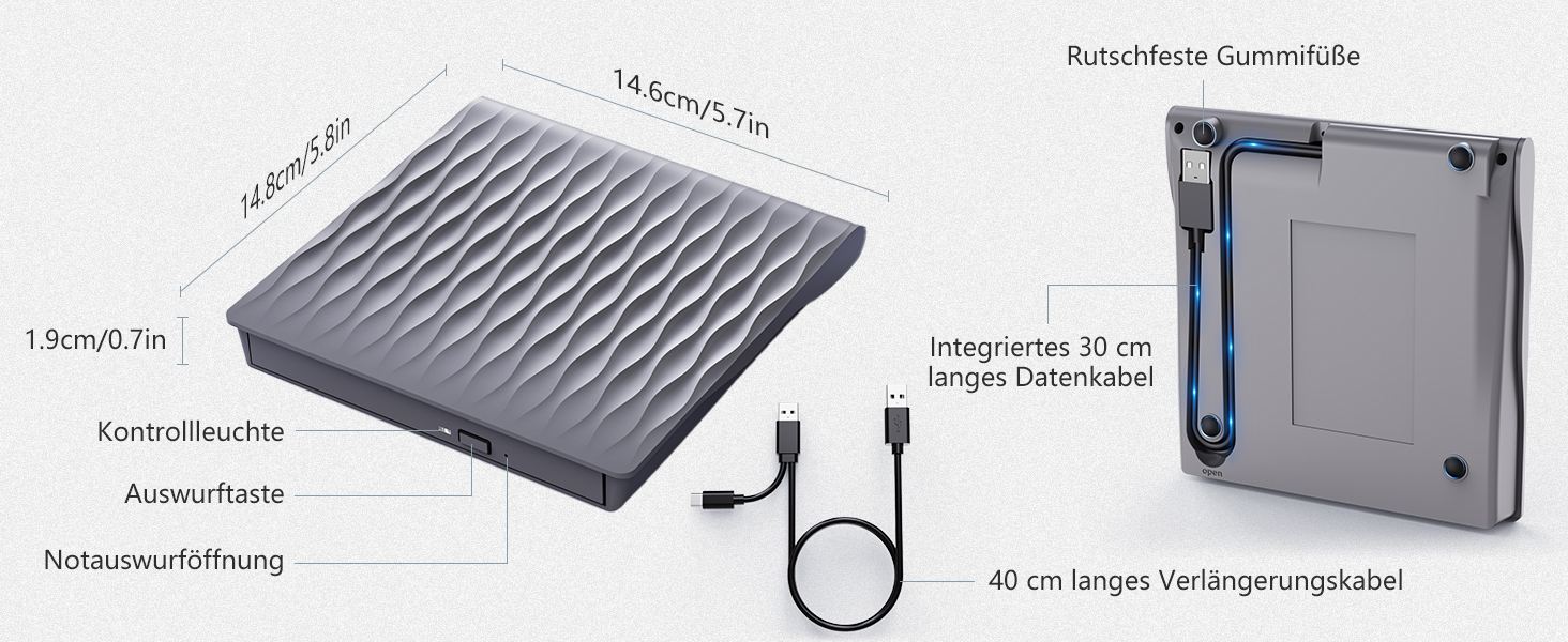 Зовнішній DVD/CD привід DANGZW USB 3.0 Type-C, портативний DVD-брунер та плеєр для ноутбука та ПК, сумісність з Windows, MacOS, Linux (сірий)