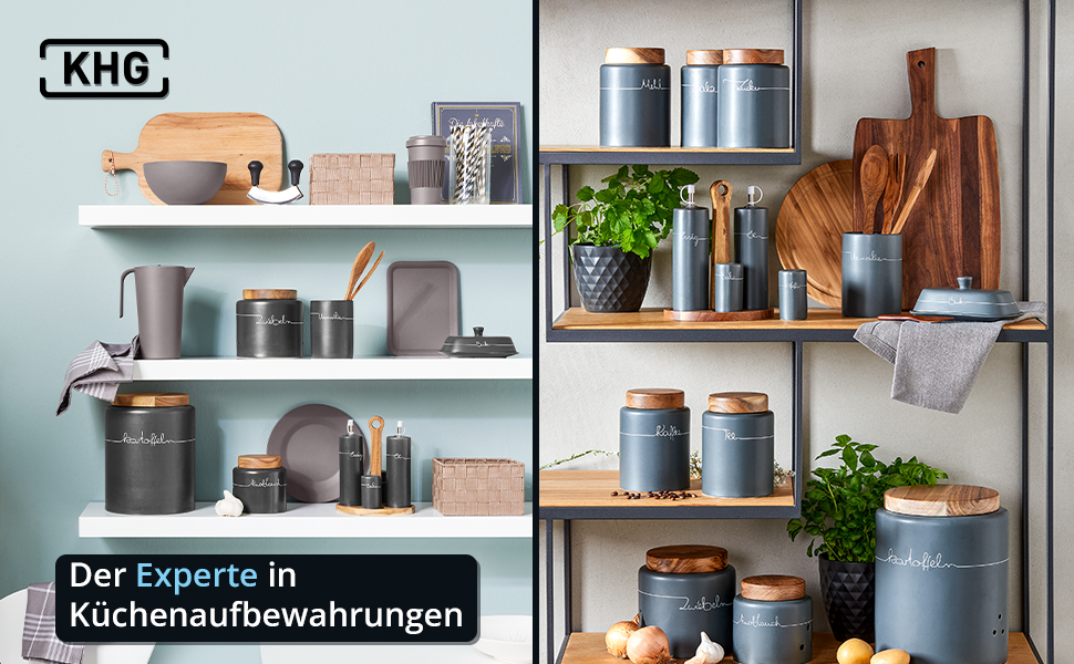 Набір контейнерів для зберігання KHG для кухні, антрацитово-сірий колір з дерев'яними кришками, кераміка, стеатоліт, з маркуванням, органайзер для кухні, без пластику, світлонепроникний, повний набір