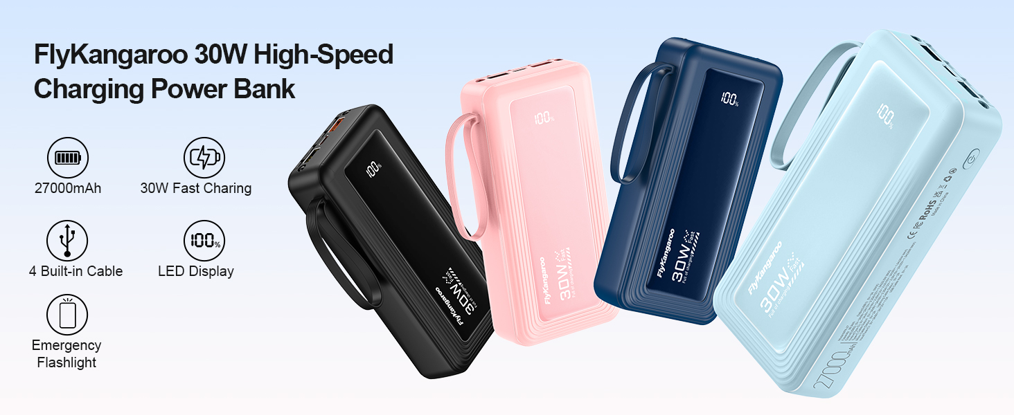 Повербанк 27000mAh з 4 вбудованими кабелями, 30W Power Bank USB-C швидка зарядка з LED-дисплеєм для iPhone, Samsung, iPad та Android, рожевий