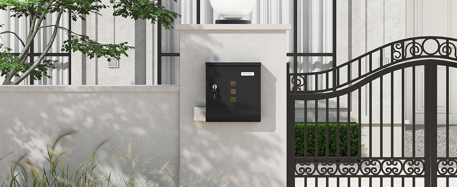 Поштовий ящик WOLTU з газетницею, оглядовим вікном та табличкою для імені, настінний, замиканий (2 ключі), сучасний дизайн, чорний (30,5x33,5x9 см)