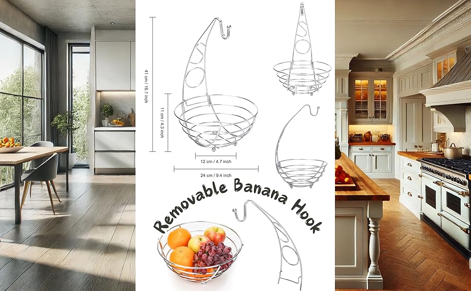 Металева фруктова корзина Exzact з тримачем для бананів, 41 см, срібляний хром