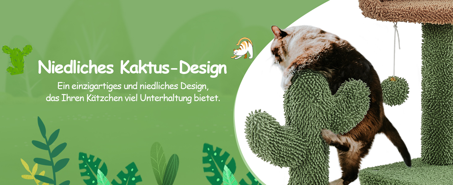 Кігтеточка для котів Yaheetech Kaktus - 138 см, сучасний дизайн, з платформою для відпочинку та печерею, сизаль, плюш, зелено-коричневий