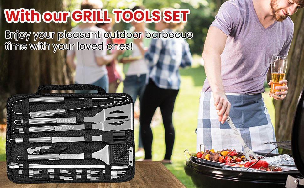 Набір гриля AWOOM 20 предметів: шампури, щипці, лопатка, щітка | З гриль-кофром | Для барбекю, кемпінгу та вечірок