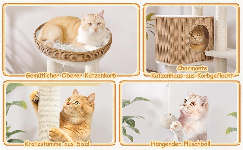 Дерево для котів Yaheetech з ротангу, 91 см, для великих котів до 10 кг, з печерею та платформами, бежевий