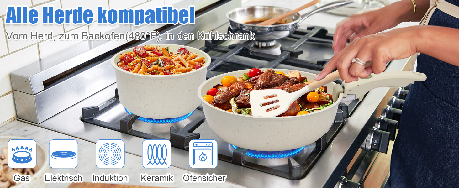 GFTIME 17-Piece Cookware Set with Non-Stick Ceramic Coating - Induction Compatible Pots and Pans Set, Stackable & Dishwasher Safe, 20/26cm Glass Lids, PFOA/PTFE/PFAS-Free