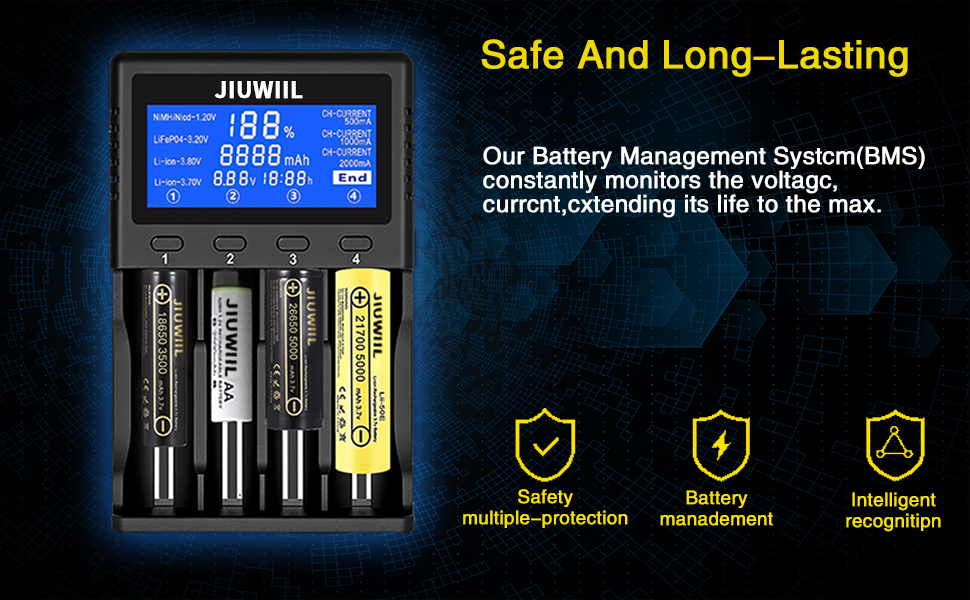 Зарядний пристрій JIUWIIL для акумуляторів 18650, 26650, Li-ion, LiFePO4 з LCD-дисплеєм - 4 слоти, швидка зарядка