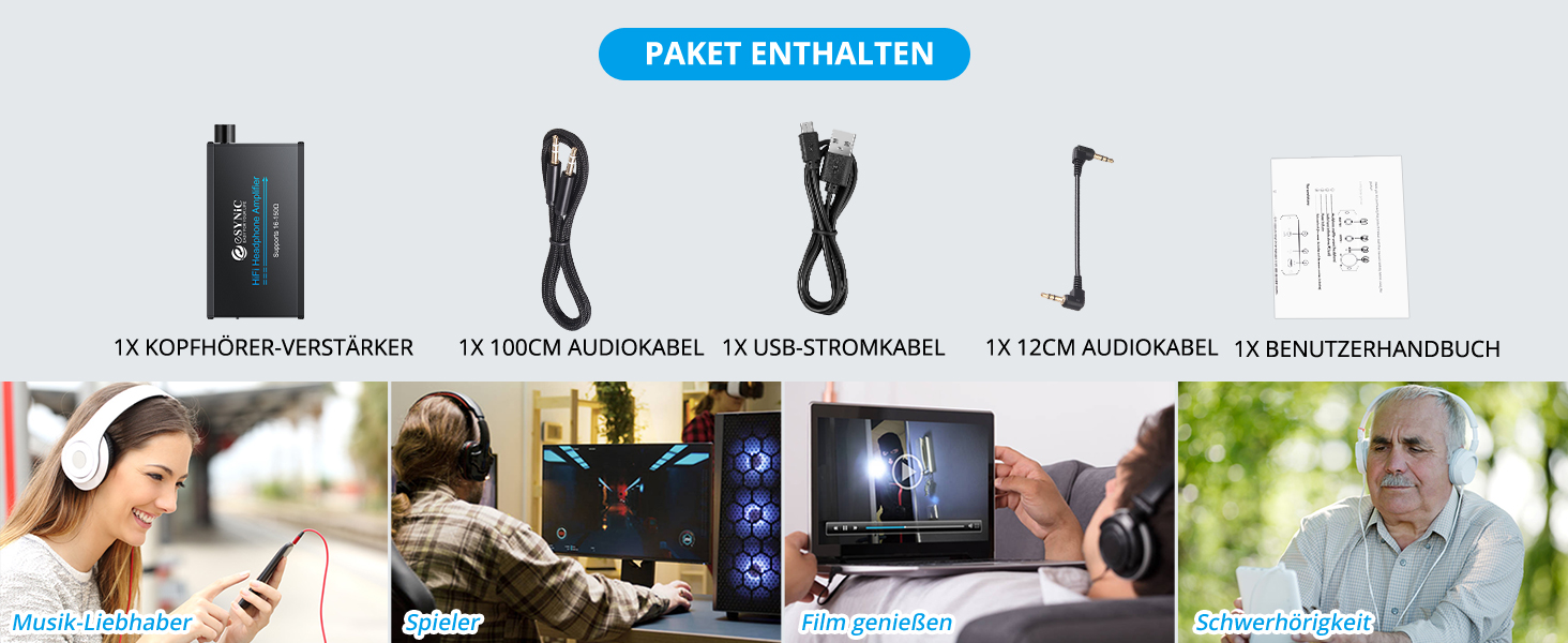 eSynic Підсилювач для навушників HiFi – портативний, для MP3/MP4, смартфонів та ПК, чорний