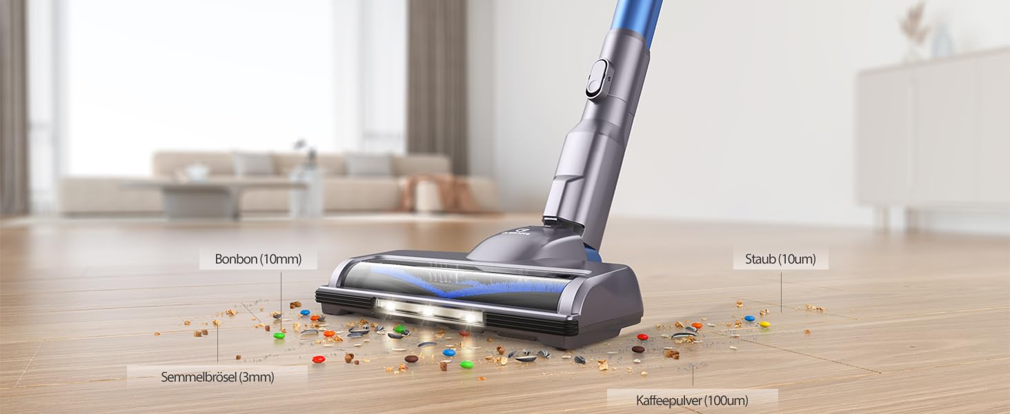 Greenote Бездротовий акумуляторний пилосос: 30 хв роботи, LED, насадка для щілин та м'яка щітка, паркування, для твердих поверхонь та шерсті тварин