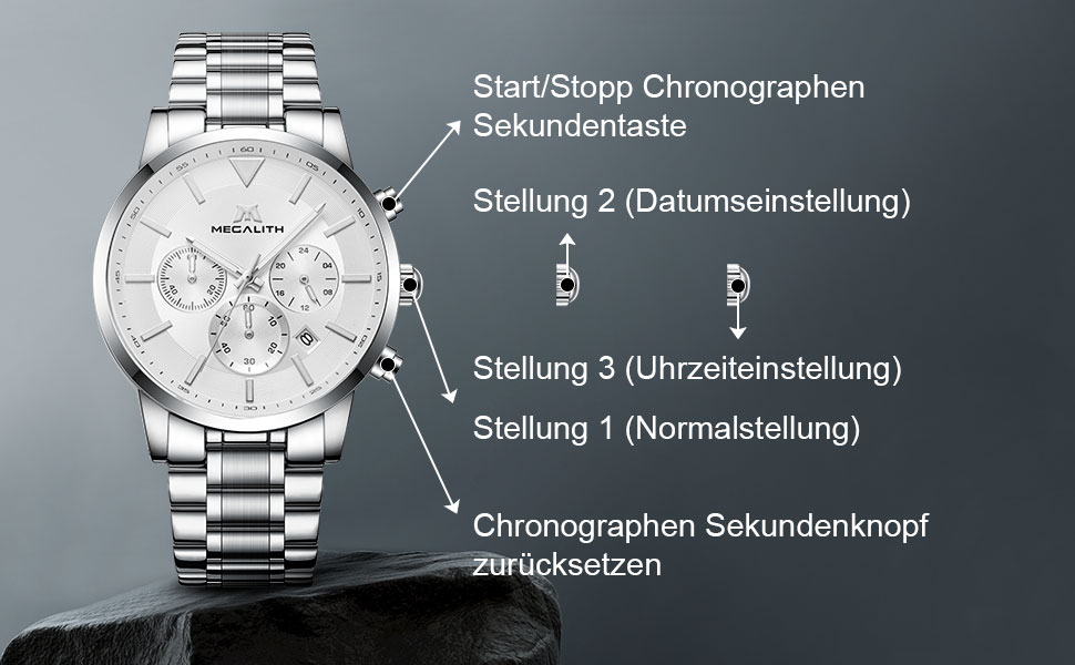 Чоловічий годинник MEGALITH з нержавіючої сталі, хронограф, водонепроникний: велике циферблат, дата, стильний подарунок для чоловіків (8345 Silver)