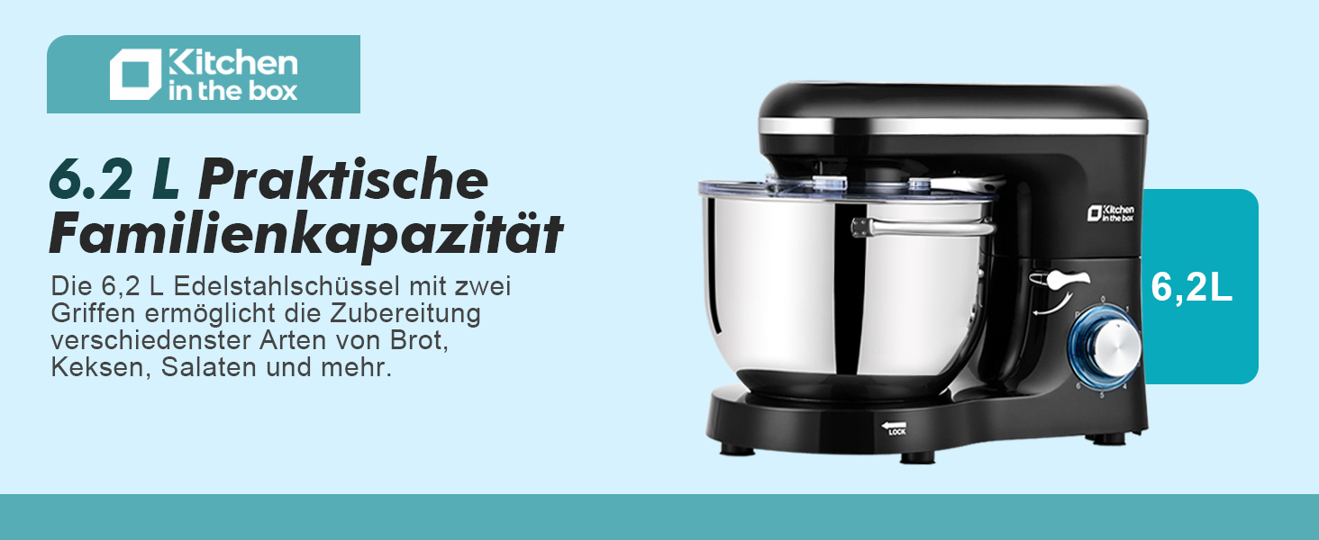 Кухонна машина Küchenmaschine 6.2 л, 1400 Вт, 6 швидкостей, з набором насадок (міксер, гак для тіста, вінчик), чорний колір