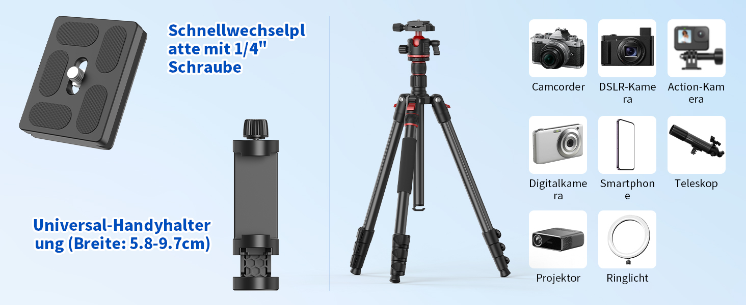 Штатив для камери XXZU 188 см, складаний, з кульковою головкою 360°, для DSLR, телефону, телескопа, чорно-червоний
