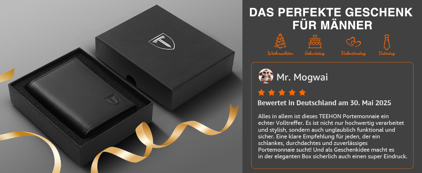 Чоловічий гаманець TEEHON з RFID захистом, відділенням для монет, 7 відділень для карток та ID-вікном, шкіряний, чорно-помаранчевий