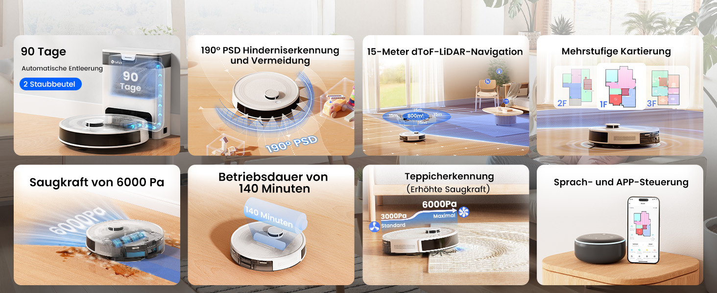 Робот-пилосос LEFANT M2 Pro з потужністю 6000 Па, автоматичною витяжкою сміття, лазерною навігацією та картографією, індивідуальним прибиранням, уникненням перешкод PSD, ідеальний для видалення шерсті тварин, білий