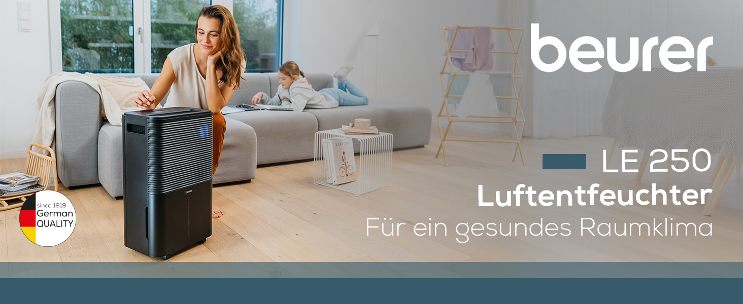 Beurer LE 150: Електричний осушувач повітря - 12 л/24 год, для дому та сушіння білизни, тихий, проти цвілі та запахів, резервуар 2 л, до 30 м²