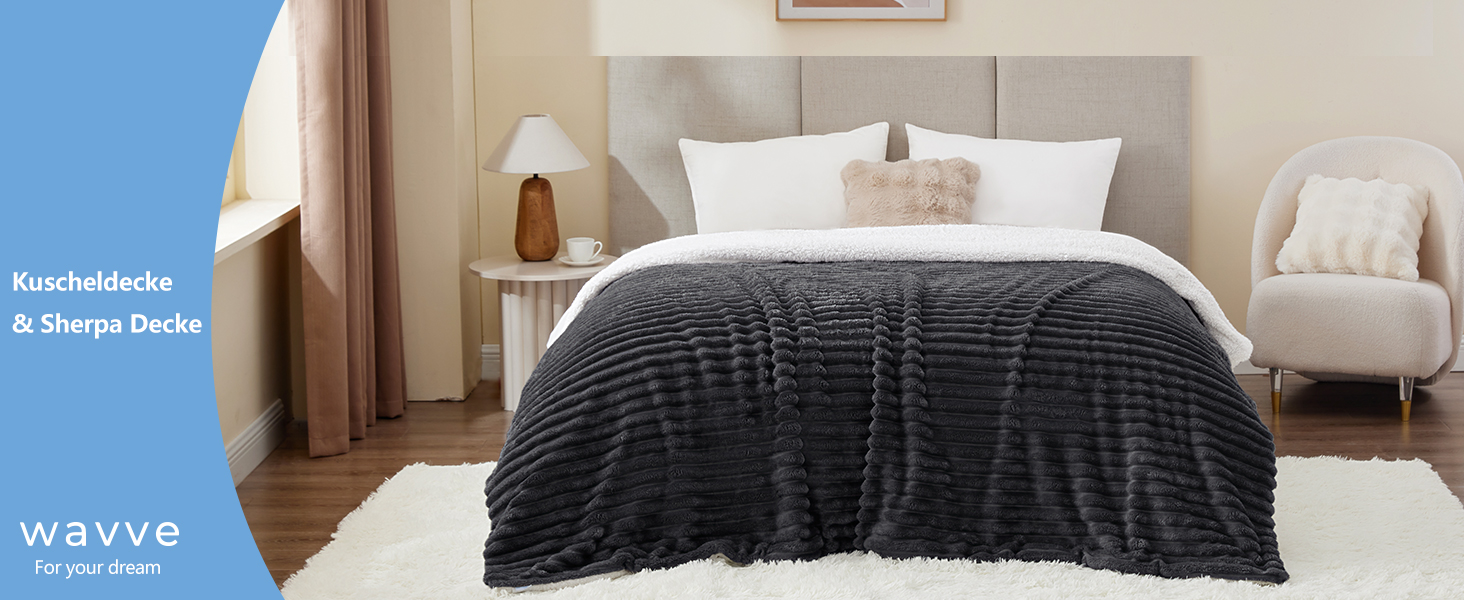 Плед WAVVE Sherpa з штучного хутра, сірий - теплий, м'який, великий (150x200 см)