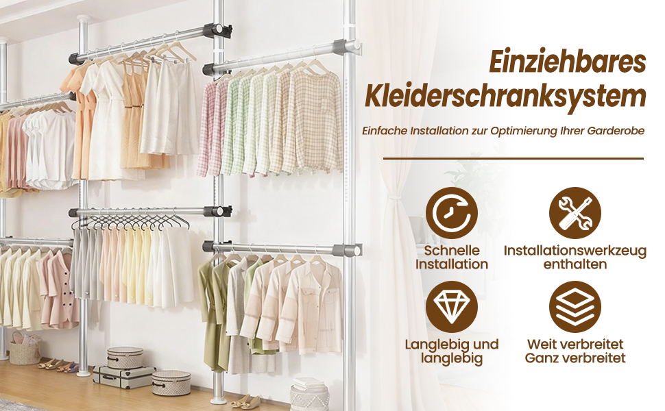 Телескопічна система для гардеробу: розширювана штанга для одягу з 6 штангами та 2 гачками, регульована полиця 110-300 см, для дому та магазину одягу, білий (срібний)