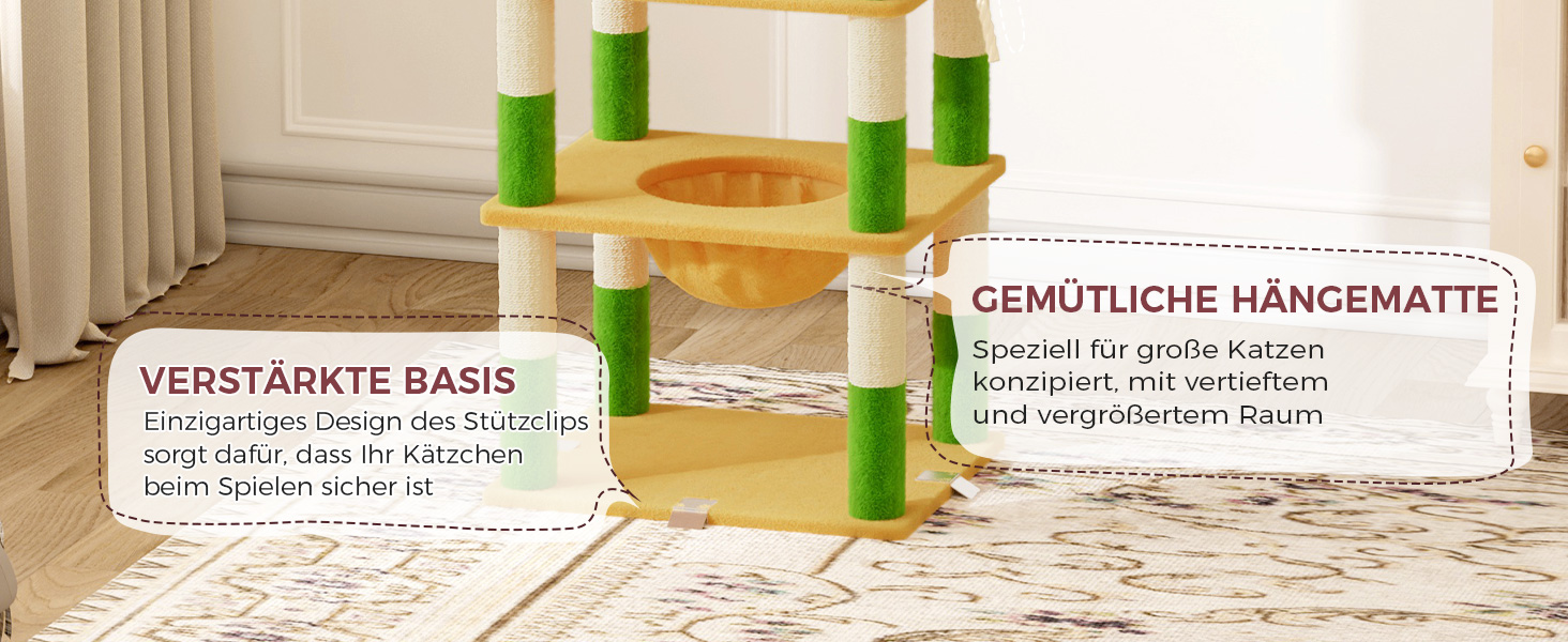 Великий котячий комплекс Kratzbaum 208 см з 3 анти-нахилом, 15 стовпчиками для дряпання, 2 платформами, 2 ховалами, 1 рампою для дряпання та гамаком. Стабільний котячий будиночок для великих котів (зелений + жовтий)