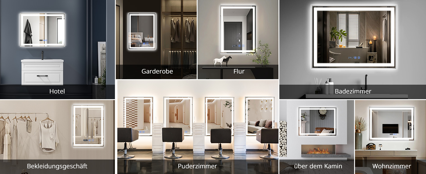 Дзеркало YOURLITE з підсвічуванням, 70x50 см, LED дзеркало для ванної кімнати з сенсорним вимикачем, годинником, 3 кольори світла, регулювання яскравості, запобігання запотіванню, пам'ять налаштувань, срібло