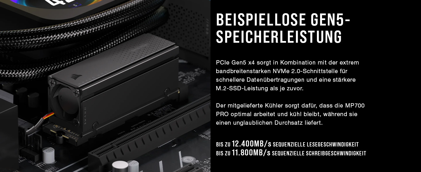 SSD Corsair MP700 PRO 2TB M.2 PCIe Gen5 x4 NVMe 2.0 - Швидкість до 11700 MB/s, TLC NAND, з кулером, чорний