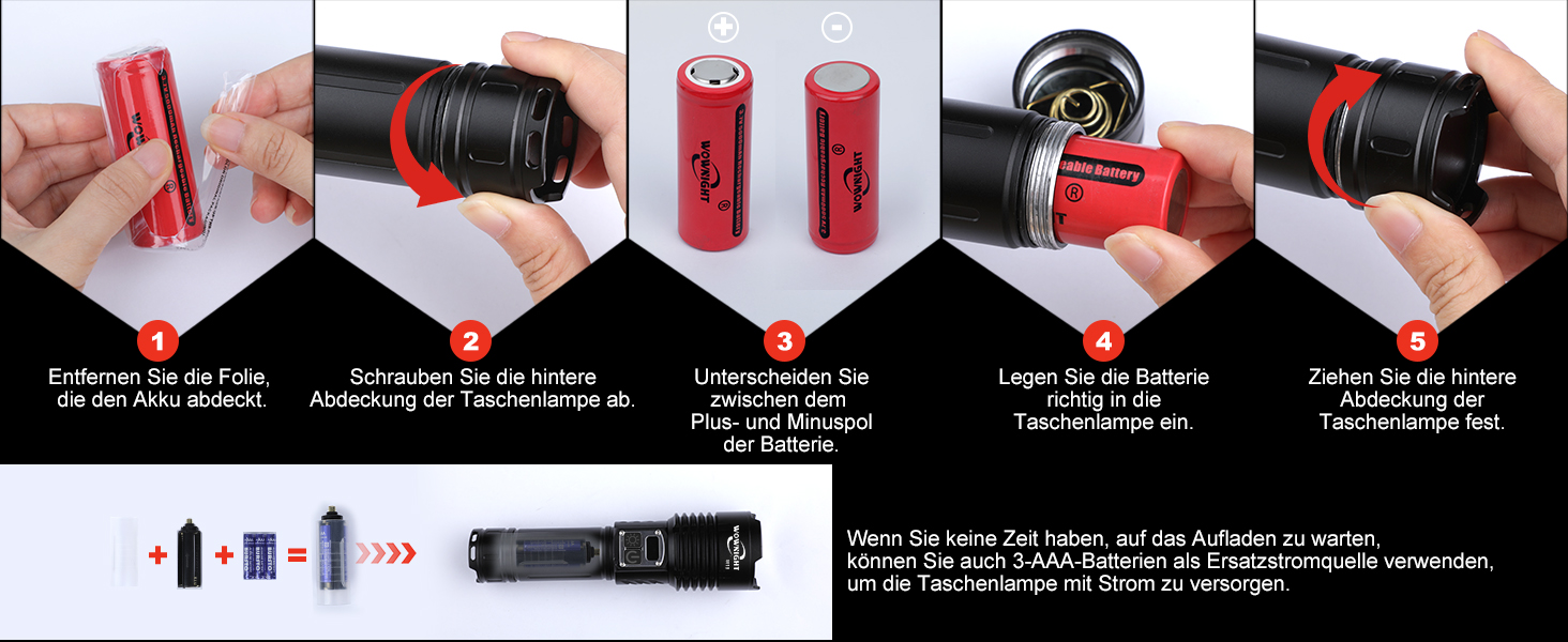 LED ліхтарик на акумуляторі 500000 люмен, 2 режими, USB-C, тактичний, потужний, регулювання яскравості, налобний, для активного відпочинку та надзвичайних ситуацій, Obsidianschwarz