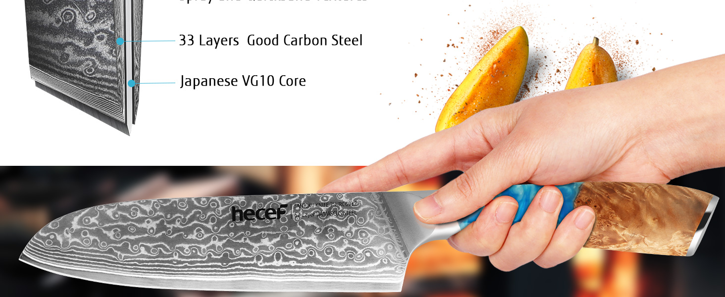 Японський ніж Hecef Damast з високоякісною ручкою з харчової смоли, 20 см. Професійний ніж для кухні з 67 шарів дамаської сталі, гострий, з захистом для леза. Ідеальний подарунок шеф-кухарю та поціновувачу кулінарії.