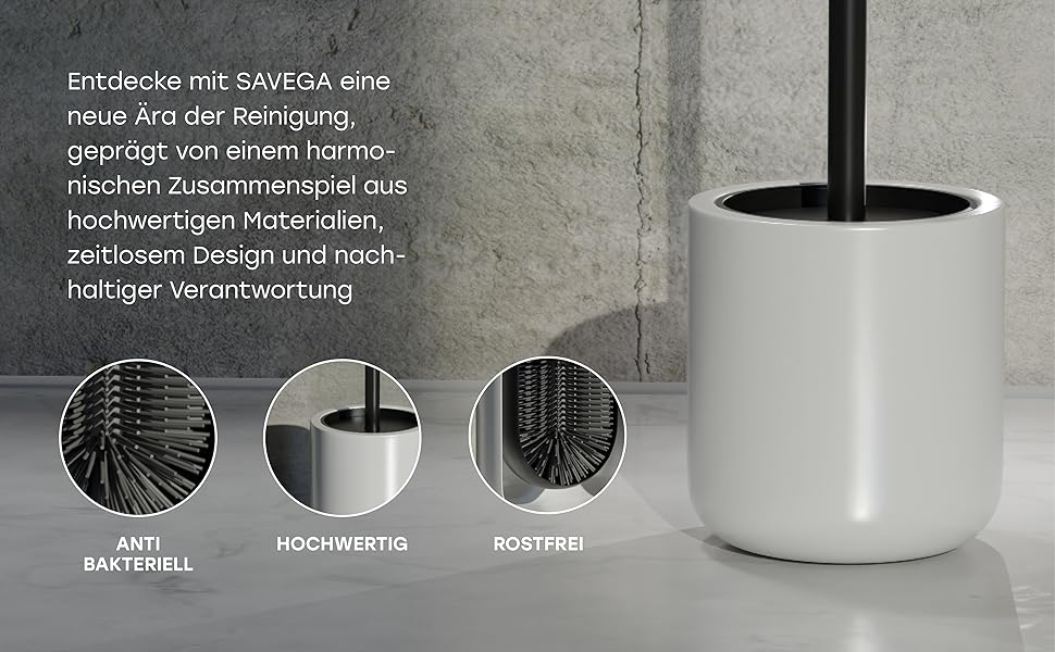 Набір для туалету SAVEGA: щітка для унітазу з нержавіючої сталі та силікону з антибактеріальною насадкою та тримачем (білий)