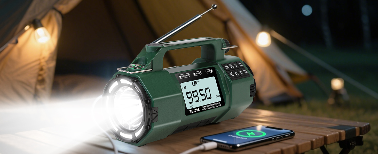 Радіоприймач аварійний з сонячною панеллю та ручним заводом, 5000mAh, AM/FM/SW/NOAA, будильник, компас, зарядний пристрій для телефону, зелений (хакі)