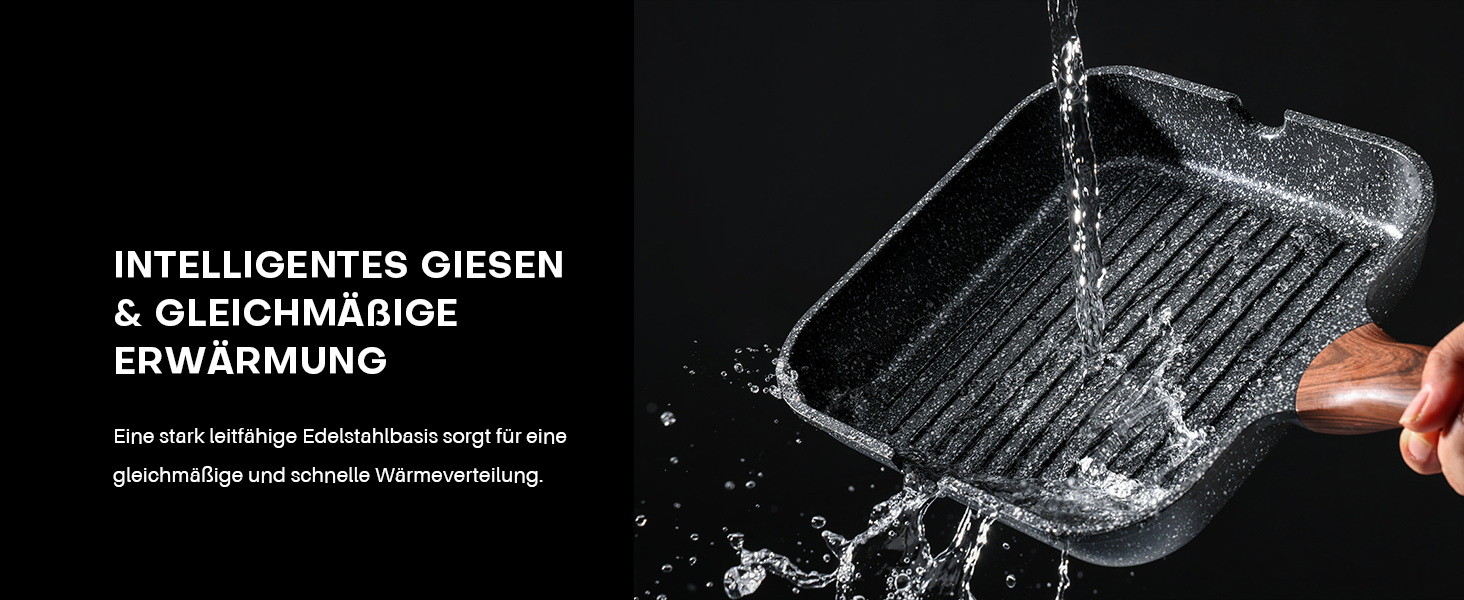 Kordisen Гриль сковорода антипригарна 24 см квадратна для індукції, гранітне покриття, з виливом, універсальна для приготування в приміщенні, без PFOA, чорна