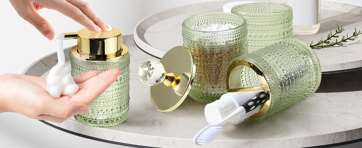 Набір аксесуарів для ванної кімнати Dasiton зі скла, 4 шт: дозатор для мила, тримач для зубних щіток, стаканчик для зубної пасти, контейнер для ватних паличок, декор для ванної кімнати, преміум-якість (зелений)