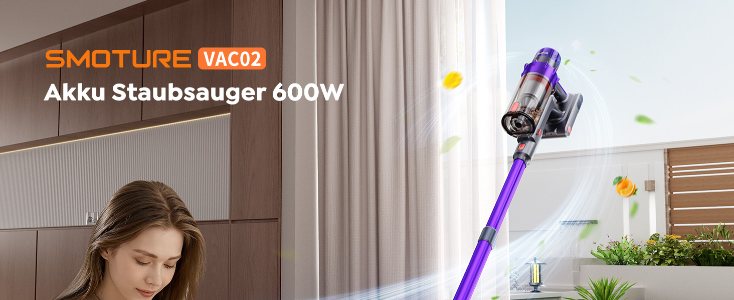 SMOTURE Бездротовий акумуляторний пилосос 50 000 Па, 65 хв роботи, міні-турбонасадка, самостійна парковка, антизаплутана щітка, док-станція на стіні, для шерсті тварин/килимів/твердих поверхонь/автомобіля, модель: VAC02, темно-фіолетовий