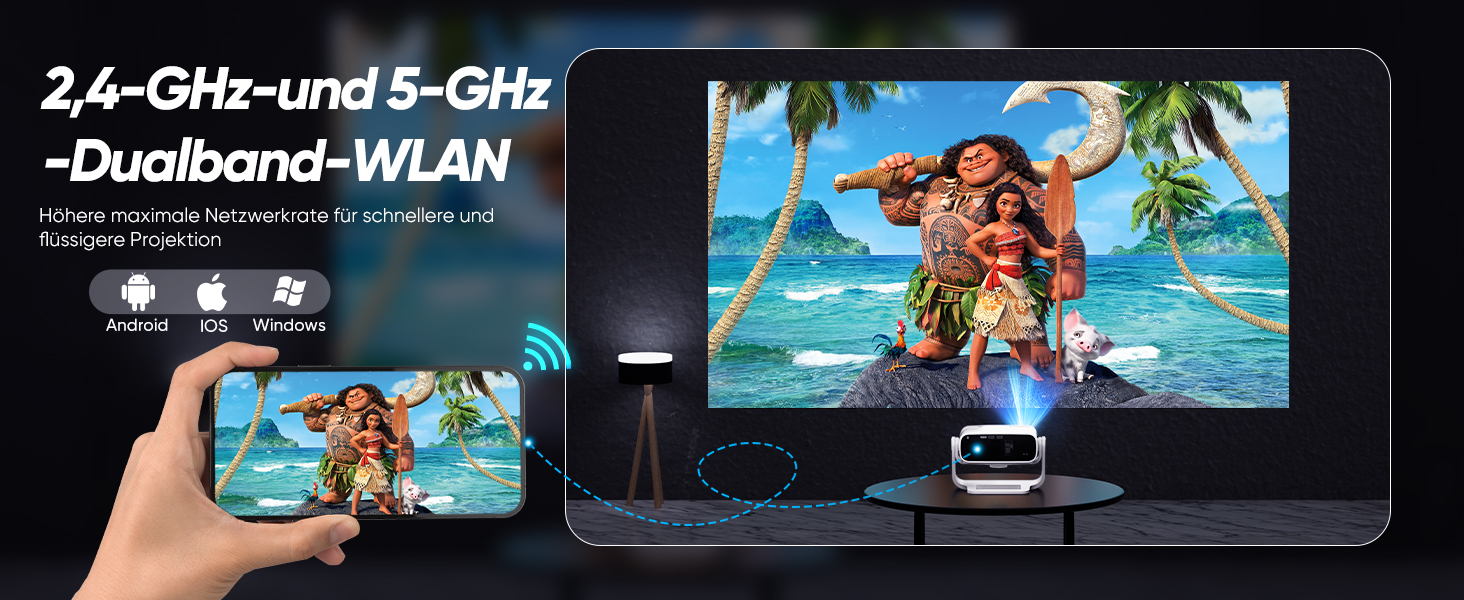 Розумний проєктор Beamer Full HD 1080P, 25000 люменів, Android 11, вбудовані додатки, 4D корекція трапеції, WiFi 6 & BT 5.2, проєктор для домашнього кіно 4K з поворотним підставою 120°, сумісний з iOS/Android/Laptops, чорний