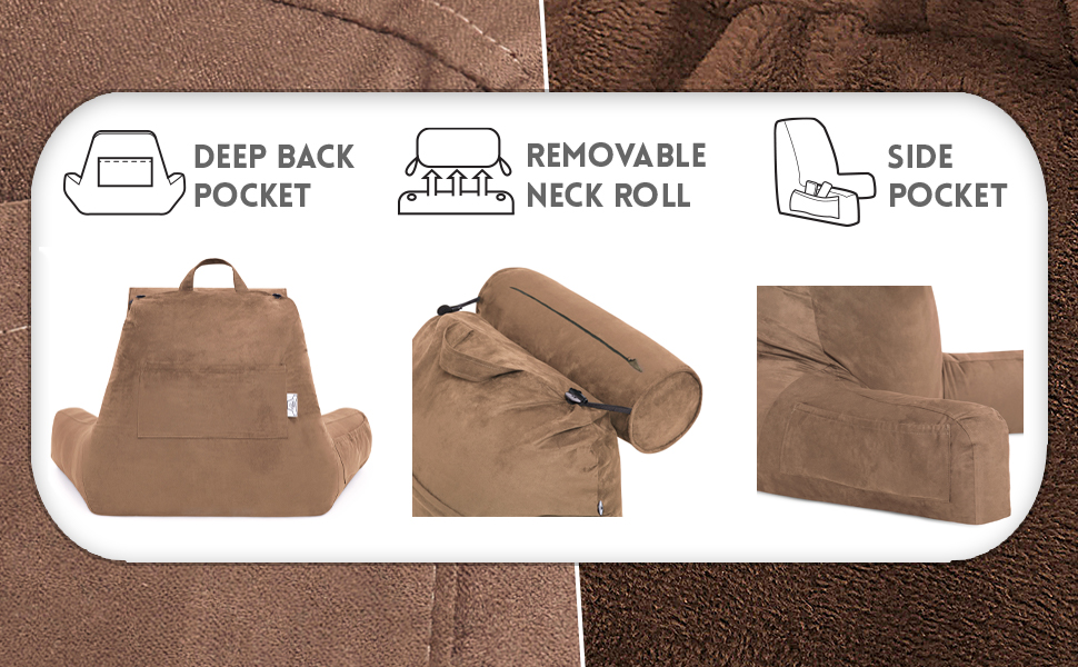 Подушка для чоловіка з підлокітниками - велика, для читання та відпочинку в ліжку. Преміум піна з пам'яті, знімна подушка для шиї на стрічці. Чохол, колір: коричневий, колір: коричневий