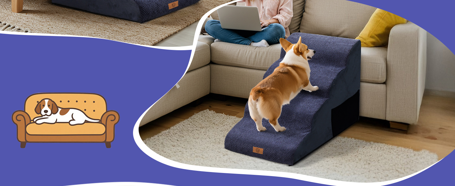 Сходинки для собак Eukue: 2/4 сходинки для маленьких собак до ліжка/дивану, з щільного пінополіуретану, портативні, знімний чохол (білий/синій)