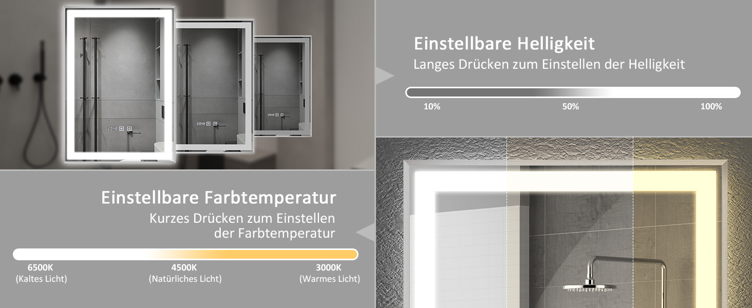 Дзеркало YOURLITE з підсвічуванням 70x50 см, LED дзеркало для ванної кімнати з годинником, сенсорне керування, 3 кольори світла, регулювання яскравості, антизапарник, пам'ять, срібний