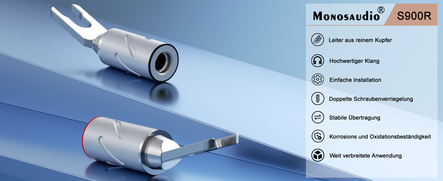 Комплект позолочених роз'ємів-лопаток для акустичних кабелів Monosaudio SY1508G (8 шт), чиста мідь, під кабель 8-20AWG до 4мм, S900R (Родієве покриття)