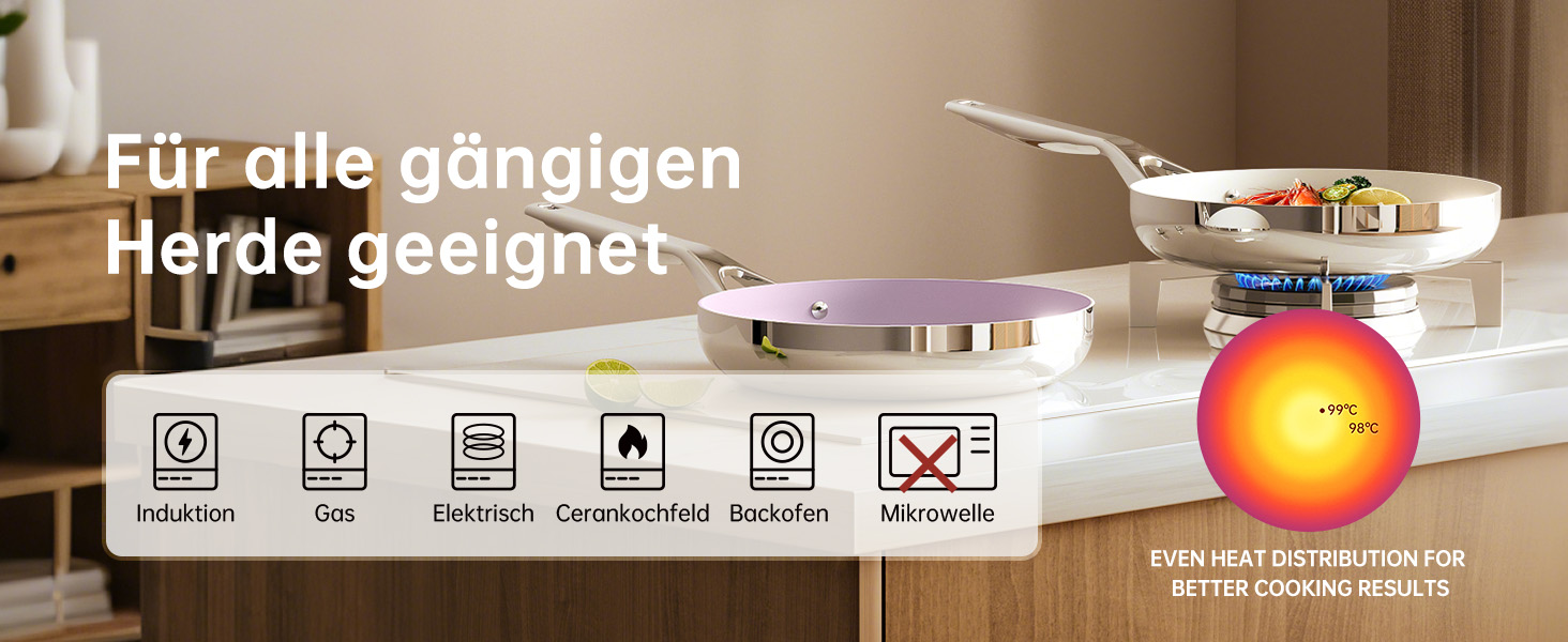 Набір антипригарних сковорідок Tjean з керамічним покриттям (без PTFE, PFOA, PFAS) з нержавіючою ручкою, підходить для індукційних, газових, електричних плит та духовки до 280°C (фіолетовий, 20+24+28 см)